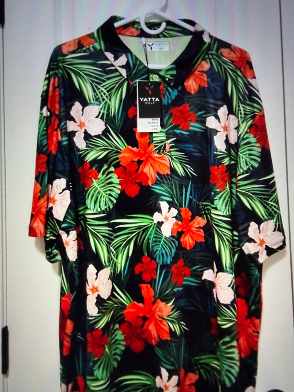 Yatta Golf Tropical Floral Hawaiian Polo - Black with Red & Green